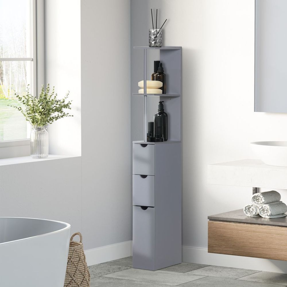HOMCOM Tall Bathroom Cabinet, Storage Shelf, Drawers, Grey