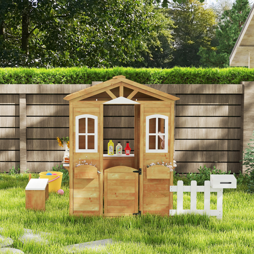 Outsunny Wooden Outdoor Playhouse w/ Door Windows Bench for Kids Children