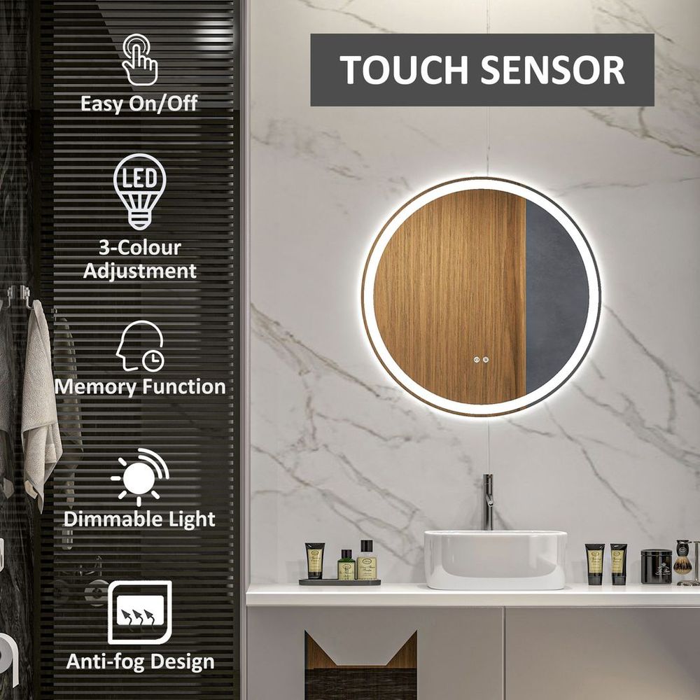 kleankin Dimmable Bathroom Mirror with LED Lights, 3 Colours, Defogging Film