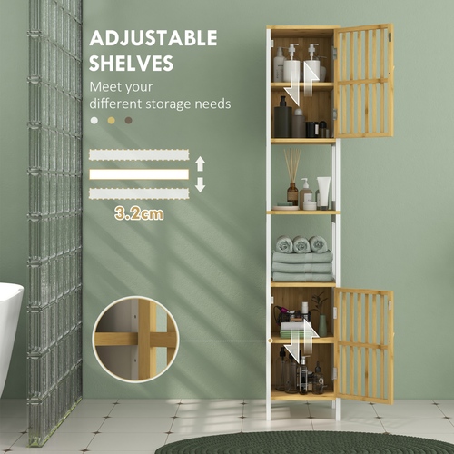 HOMCOM Tall Bathroom Cabinet Bamboo Bathroom Cupboard with Adjustable Shelves