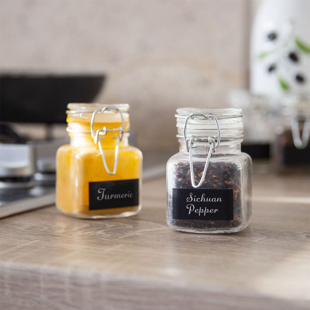 Premium Vintage Glass Spice Jars - Set of 12 | Airtight Metal Clip Top | Label and Chalk Pen Included