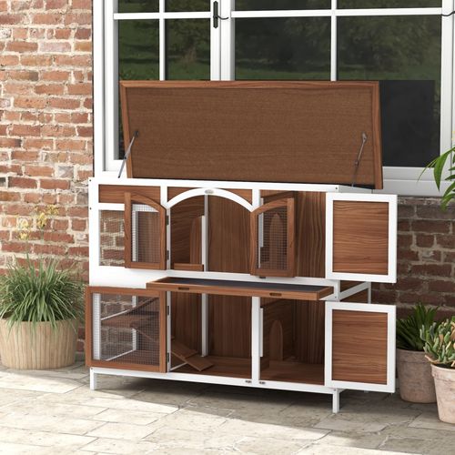 PawHut Two-Tier Wooden Rabbit Hutch w/ Openable Roof, Slide-Out Tray, Ramp