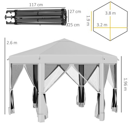 3.2m Pop Up Gazebo Hexagonal Canopy Mesh Sidewalls, Bag, Light Grey