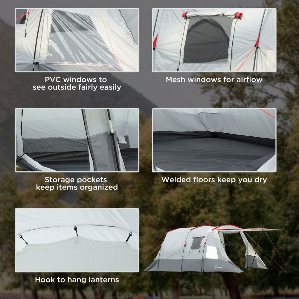 Outsunny 6-8 Person Tunnel Tent, Two-room Camping, Carry Bag, Grey