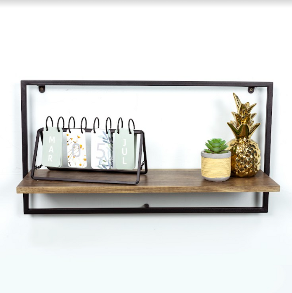 Sturdy Dark Oak Floating Wall Shelf - PARGI: Wide Design, Black Frame