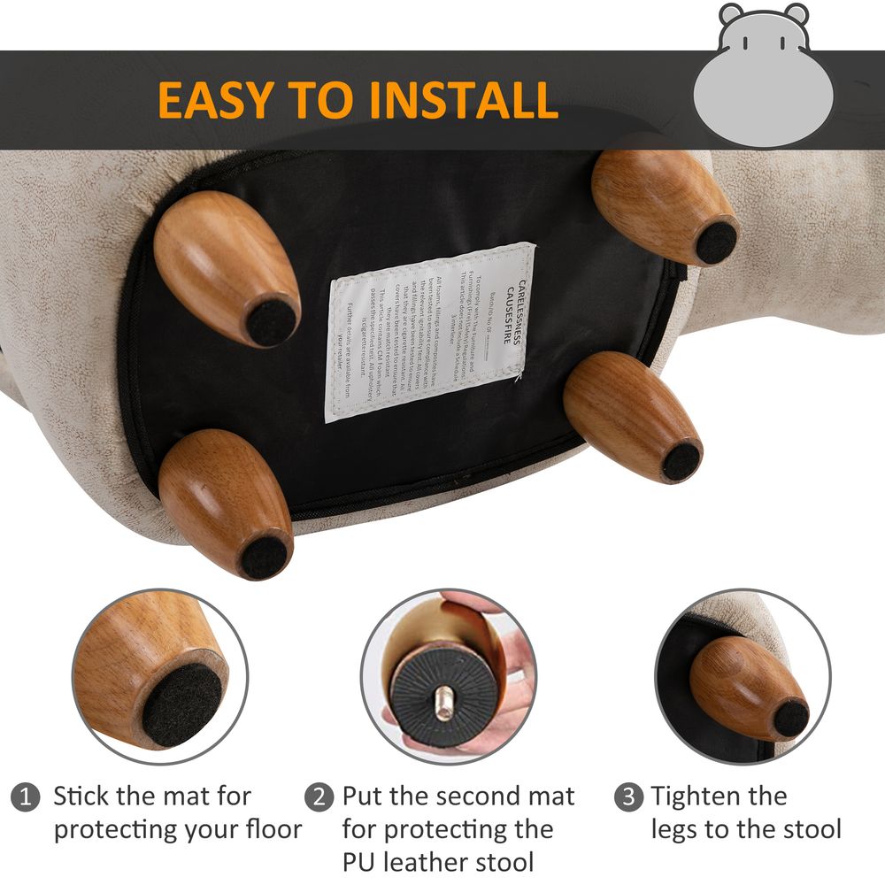 HOMCOM Hippo Storage Stool | Cute Footrest | Wood Frame Legs | Cream
