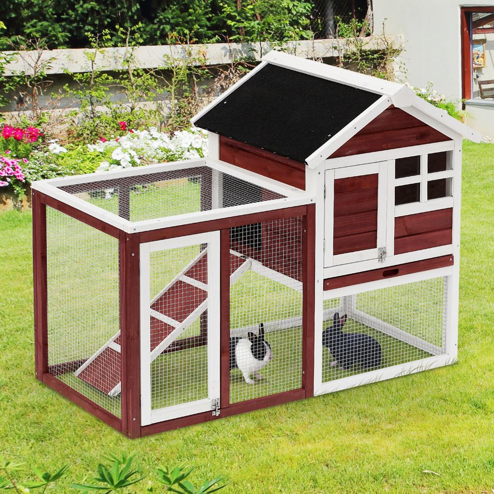 PawHut Rabbit Hutch Outdoor Wooden Guinea Pig Hutch Rabbit Run Bunny Cage Small Animal House Pull-Out Tray, Brown, 122 x 62.6 x 92 cm