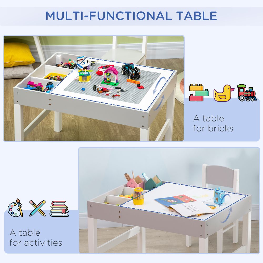 HOMCOM 2 in 1 kids Table and Chair Set, Children Activity Play Table for Bricks Toddler Furniture with Storage Space, Grey