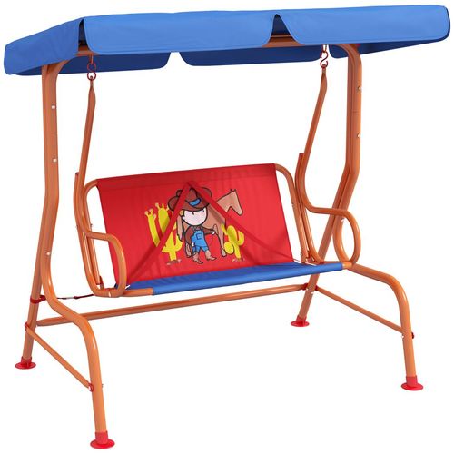 Outsunny 2 Seater Kids Swing Chair, Cowboy Themed with Adjustable Canopy