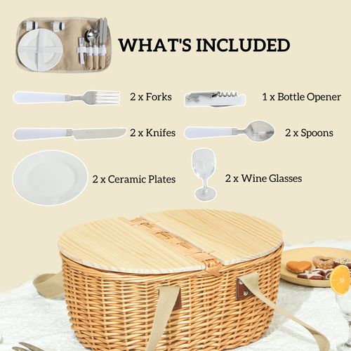 Outsunny Wicker Picnic Basket for 2 with Pine Wood Lid, Light Brown