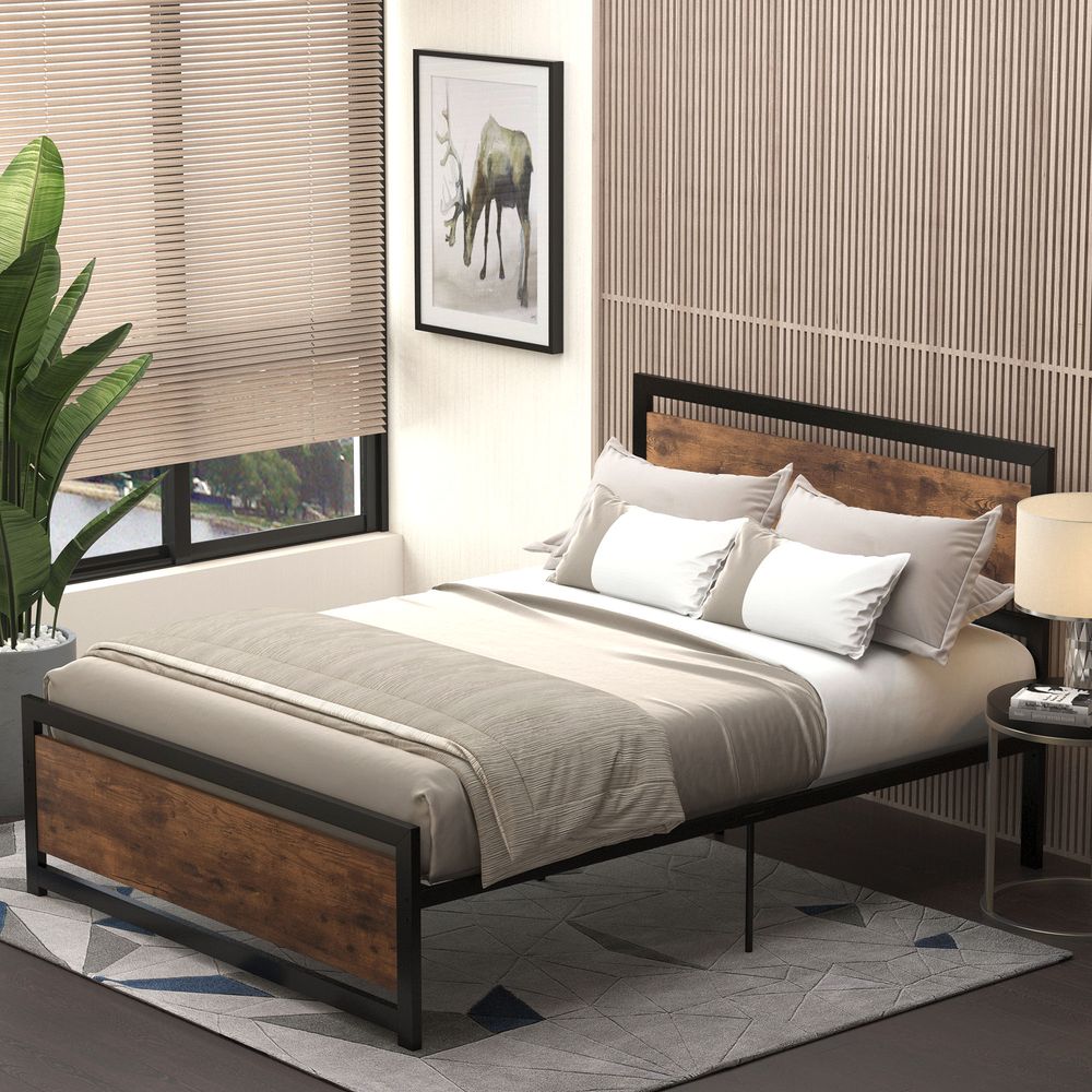 HOMCOM Double Size Metal Bed Frame with Headboard & Footboard, Strong Slat Support Full Bed Frame w/Underbed Storage Space, Bedroom Furniture For Adults