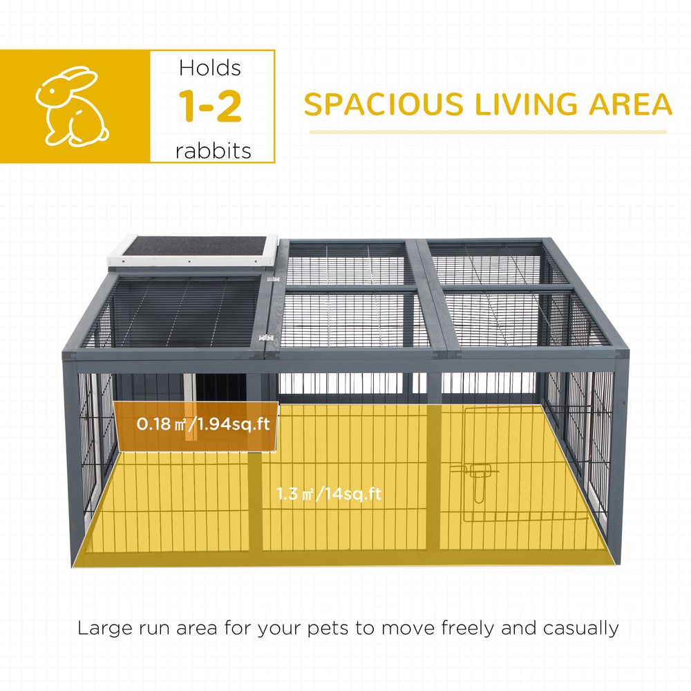 PawHut Rabbit Hutch Outdoor, Guinea Pig House, Bunny Run Cage with Openable Top for 2 Rabbits, 123 x 120 x 52cm, Grey