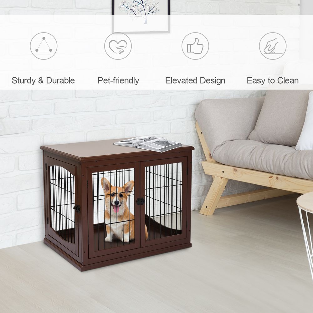 PawHut Dog Crate, Furniture Style Puppy Cage End Table, Pet Kennel House with 3 Doors for Small Dog, Brown 81 x 58.5 x 66 cm