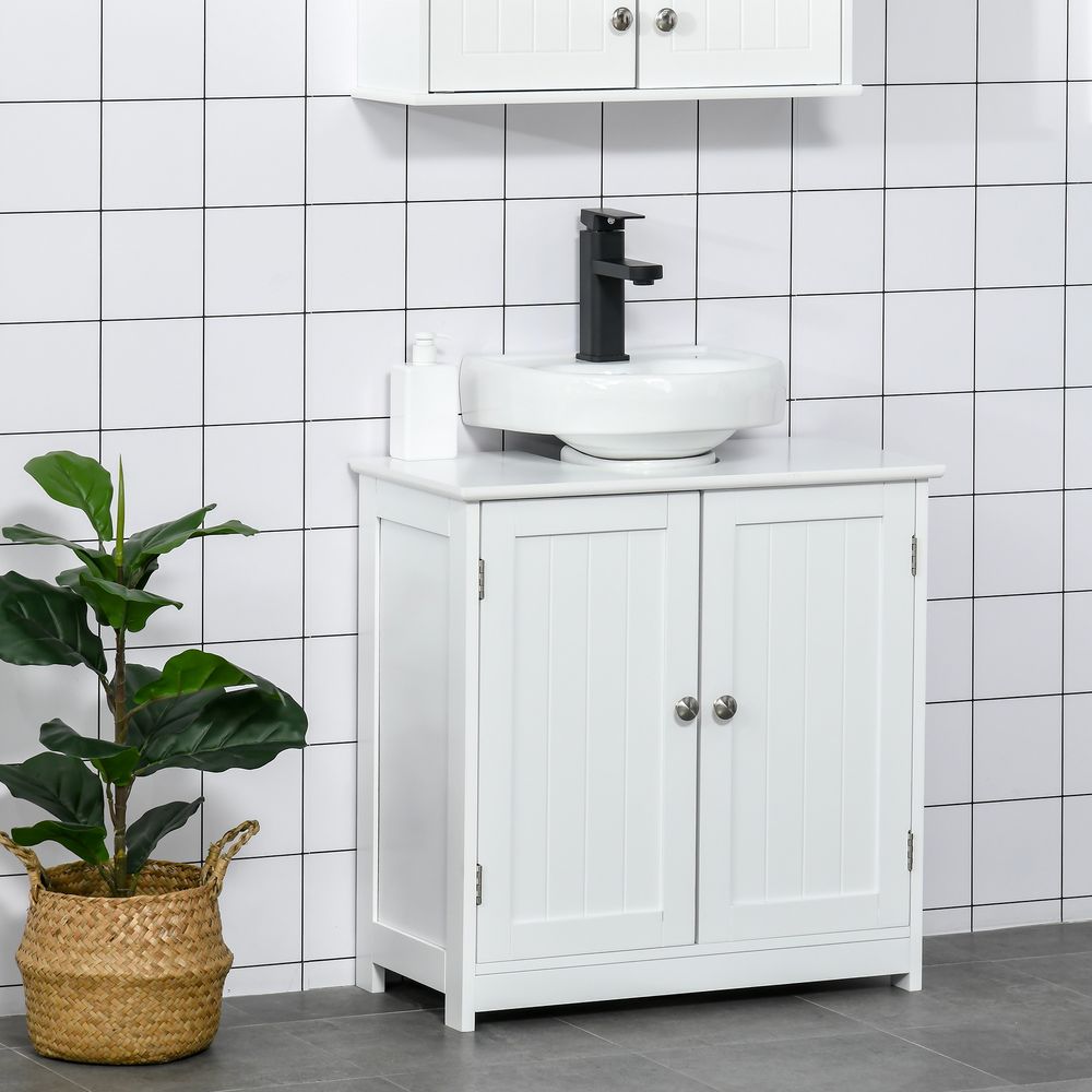 kleankin 60x60cm Under-Sink Storage Cabinet w/Adjustable Shelf Handles Drain Hole Bathroom Cabinet Space Saver Organizer White