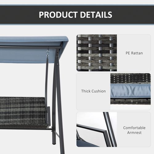 2-3 Seater Garden Rattan Swing Chair Canopy Removable Cushion Mixed Grey