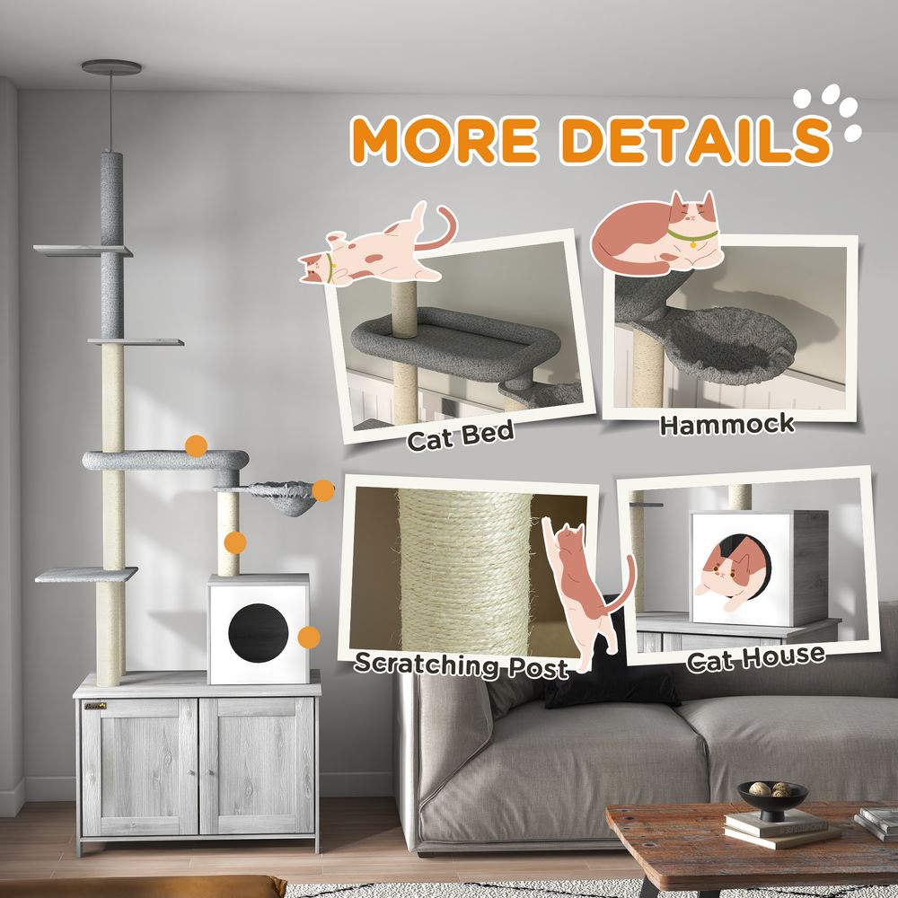 PawHut 2-in-1 Hidden Litter Box & Floor to Ceiling Cat Tree - Premium Quality, Stylish Design, Grey