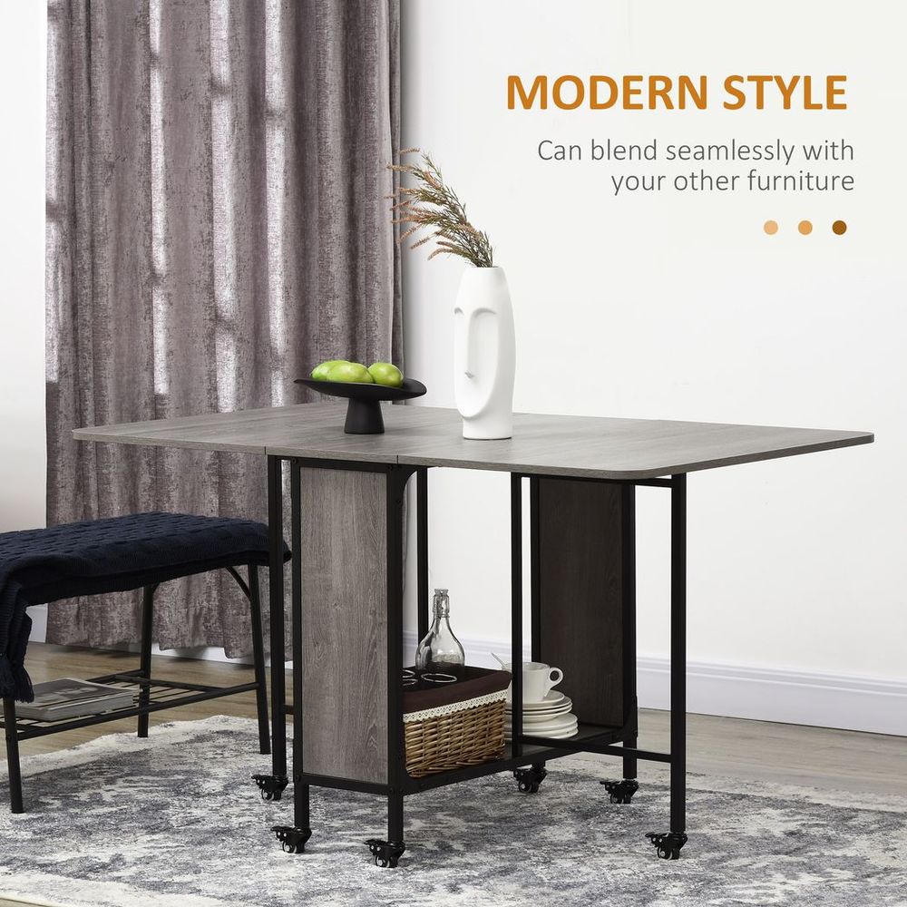 HOMCOM Mobile Drop Leaf Table Folding Kitchen Table Extendable Dining Table For Small Spaces With 6 Wheels & Storage Shelf Grey