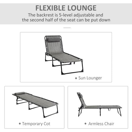 Portable Sun Lounger, Folding Camping  Adjustable , Pillow Grey