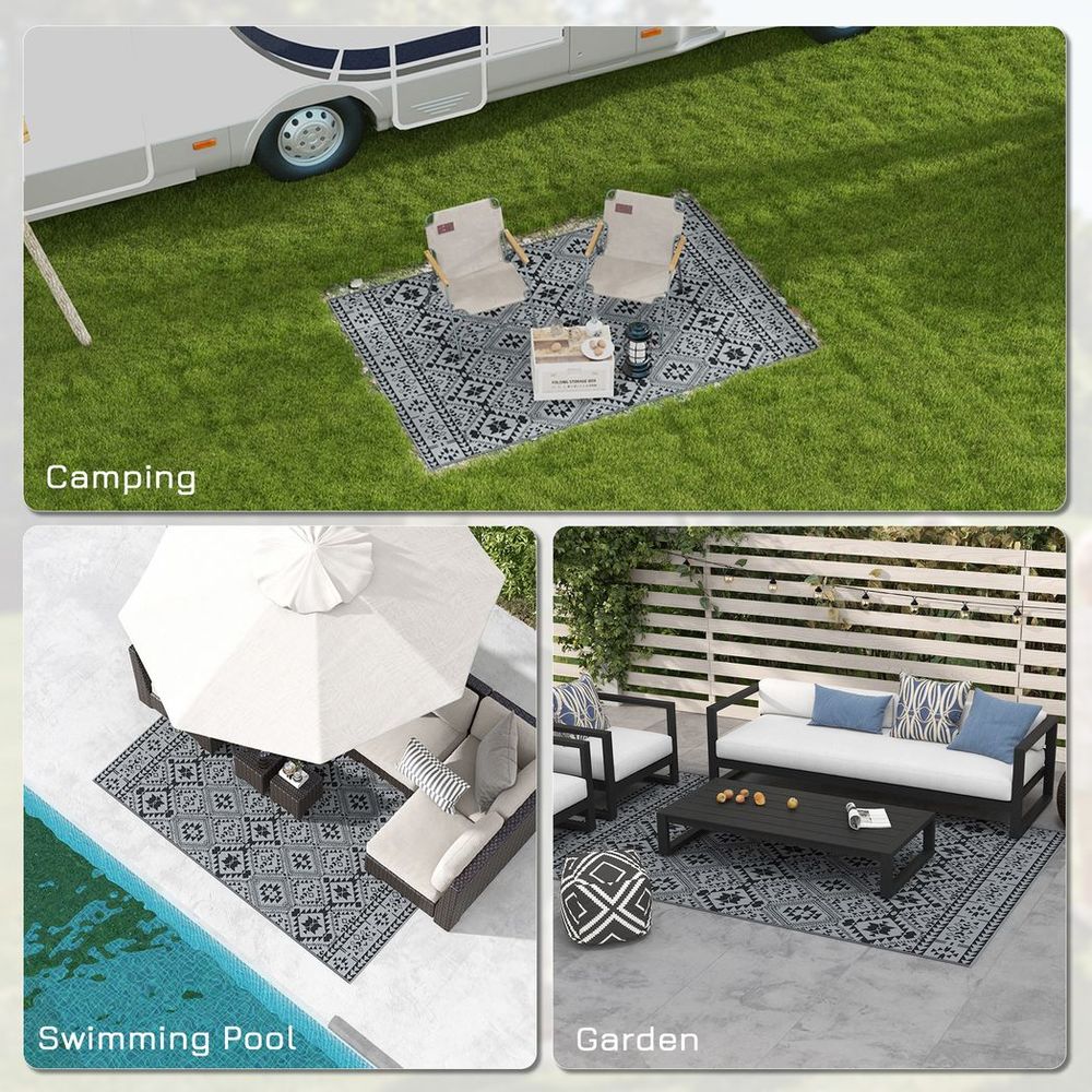 Outsunny Reversible Waterproof Outdoor Rug, 182 x 274cm | Black | Carry Bag