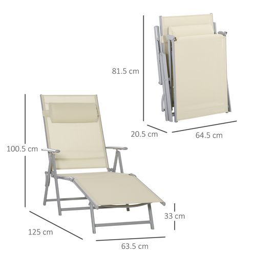 Sun Lounger Folding Chaise Chair Recliner & 7 Adjustable Backrest - Beige