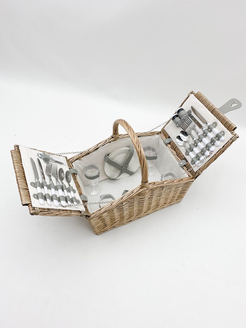 Premium 45cm Willow Picnic Basket - Removable Cooler Bag, Cutlery, Plates, Bottle Opener, Salt & Pepper Shakers, Acrylic Glasses