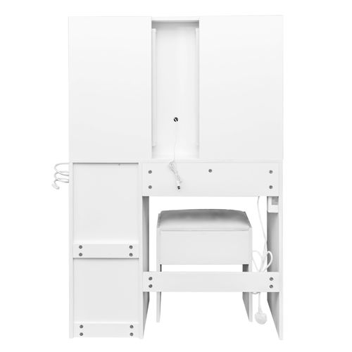 White hemp surface particle board with triamine 4 drawers 2 side push-pull storage rack 1 LED touch mirror dressing table set with power strip and hair dryer holder