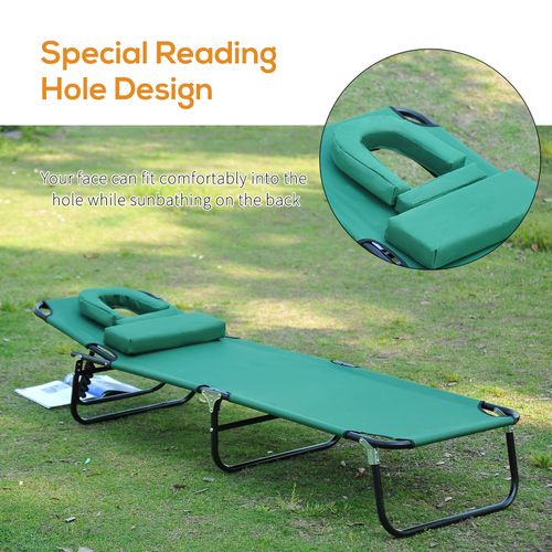 Outsunny Folding Sun Lounger Reclining Chair with Pillow Reading Hole Dark Green