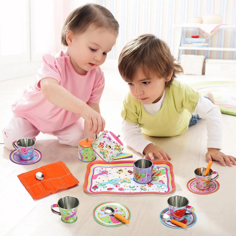 SOKA Bug Tin Tea Set - 18pc Kids Toy Tea Party Set with Colorful Illustrations - Includes Matching Car