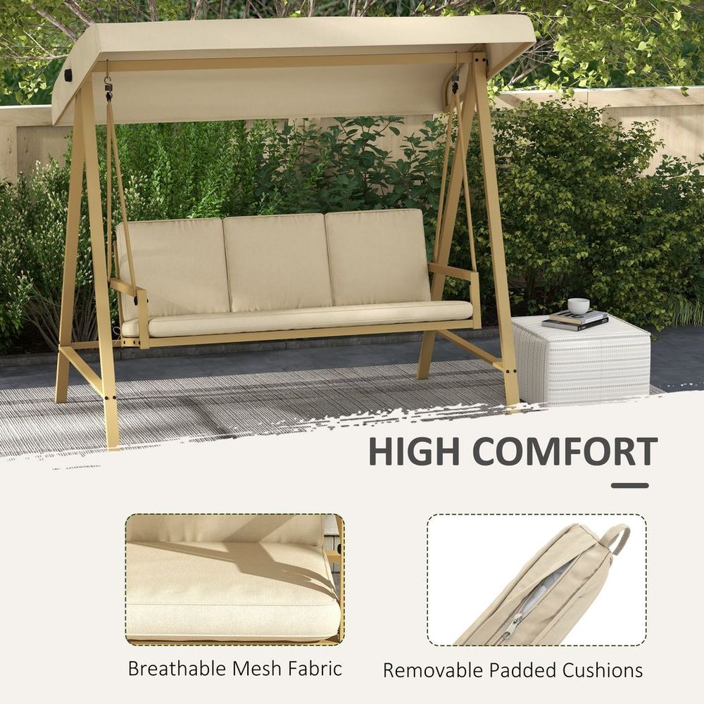 Outsunny 3 Seater Swing Chair, Adjustable Canopy&Cushions, Beige