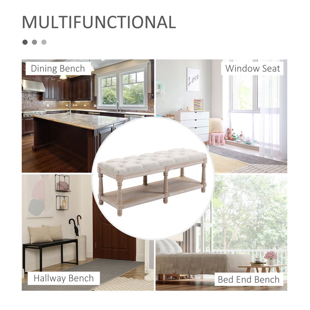 HOMCOM 2-Tier Bed End Bench, Vintage Stool, Wooden Window Seat with Storage Shelf, Button Tufted Upholstered Footstool for Living Room, Bedroom, Entryway, Cream White