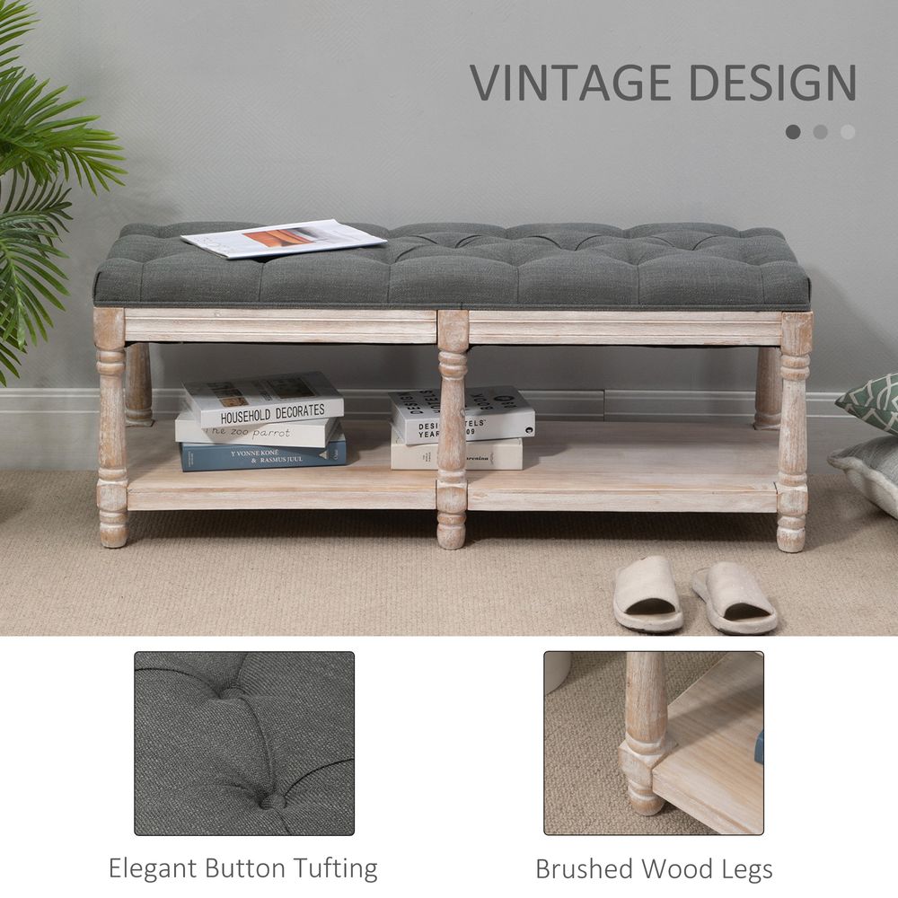 HOMCOM 2-Tier Bed End Bench, Vintage Stool, Wooden Window Seat with Storage Shelf, Button Tufted Upholstered Footstool for Living Room, Bedroom, Entryway, Grey