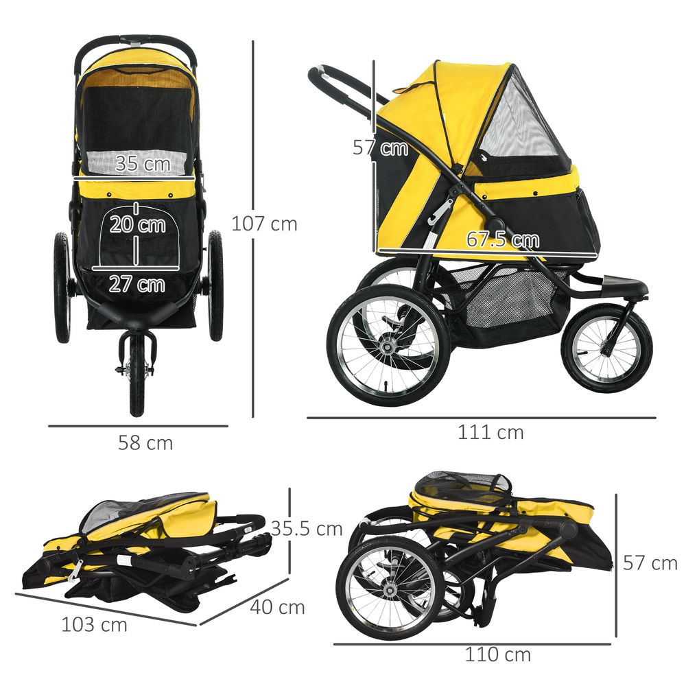 PawHut 3 Wheel Pet Stroller - Yellow | Medium Small Dogs Cat Pram | Foldable & Stylish
