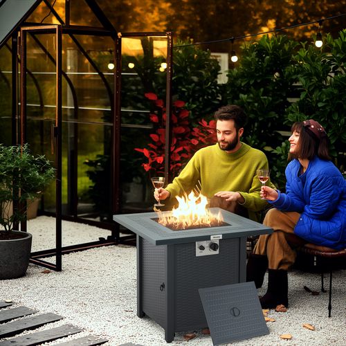 Outsunny Outdoor Propane Fire Pit Table w/ Lid and Lava Rocks Dark Grey