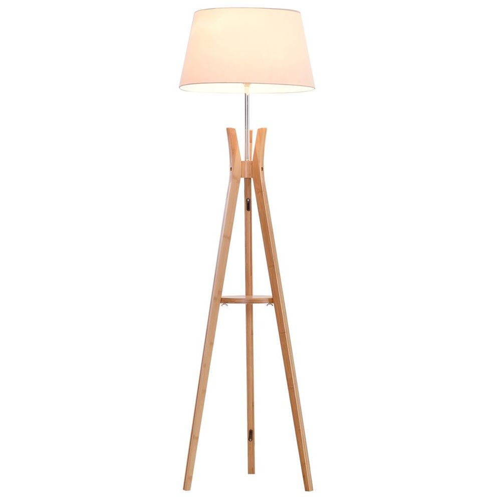 Premium Tripod Floor Lamp: Elegant E27 Light with Fabric Shade & Storage Shelf, White