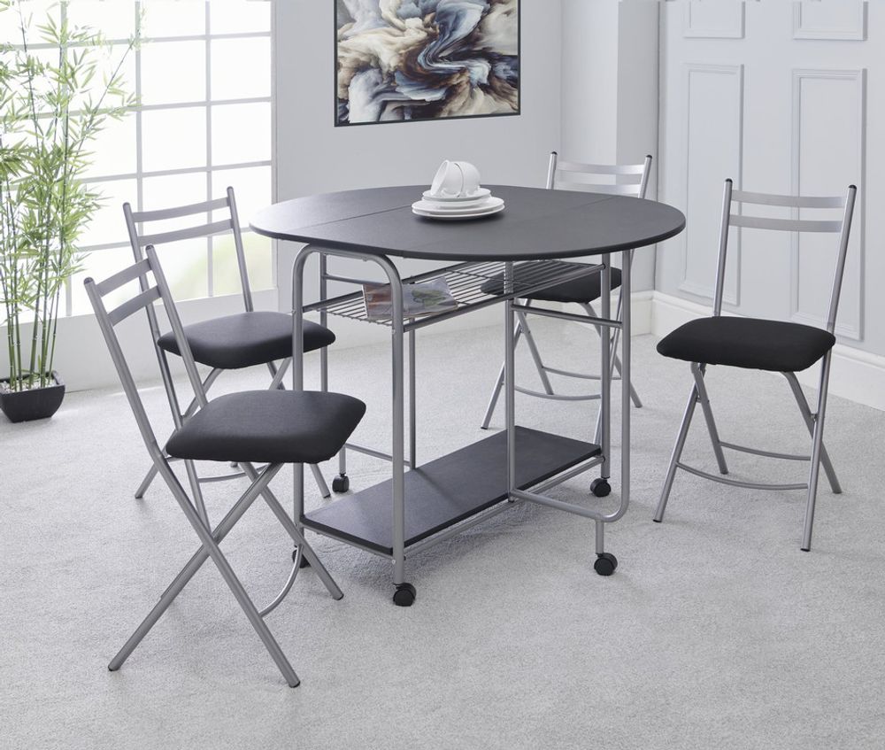 Greenhurst Stowaway Dining Set, Drop Down Table & 4 Folding Chairs, Max Table Size: L115 x D84 x H80cm (Black and Silver)