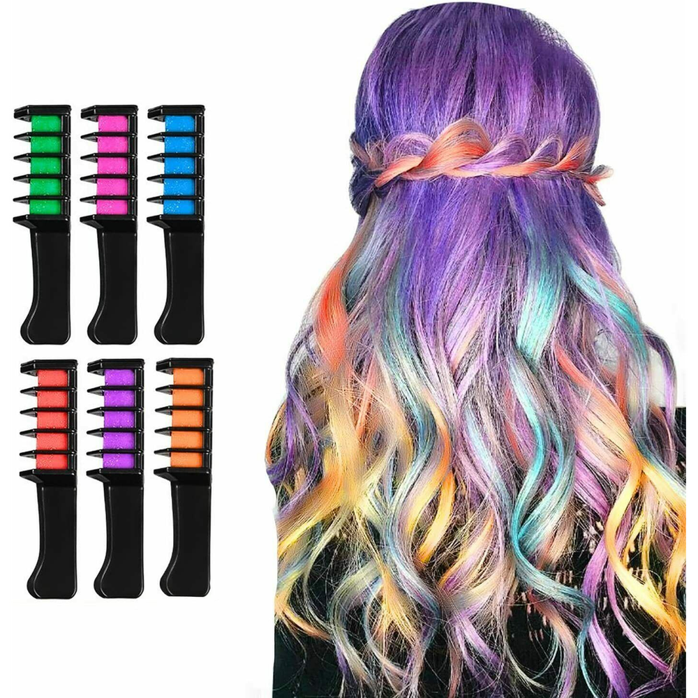 Vibrant 6pc Mini Hair Chalk Set: Instant Hair Colour Comb for Parties, Festivals, Cosplay - Safe & Easy to Wash Out