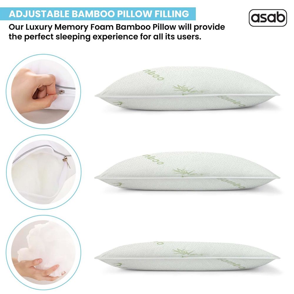 Bamboo Memory Foam Pillow - Pack of 2, Hypoallergenic, Thermal Regulation. Best Quality, Relieves Head & Neck Pain. AS-61478