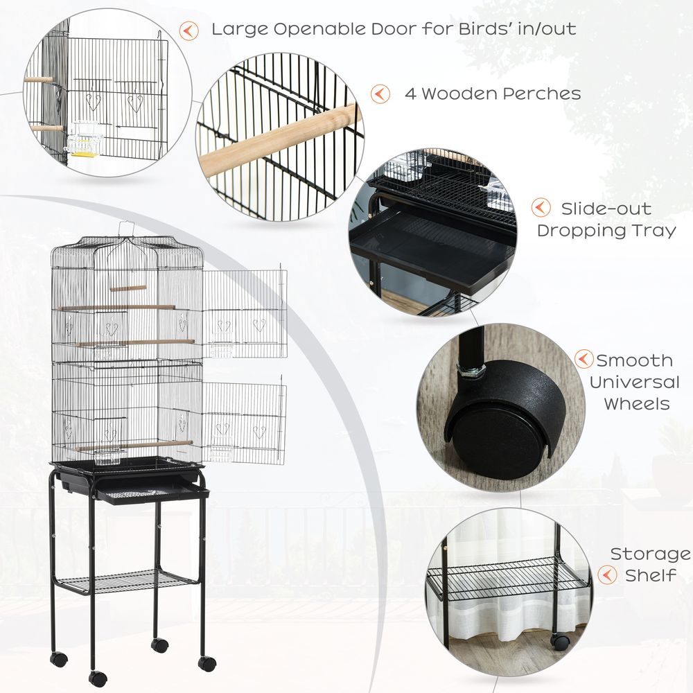 PawHut Bird Cage Budgie Cages for Finch Canary Parakeet with Stand Wheels Slide-out Tray Accessories Storage Shelf, Black 46.5 x 36 x 157 cm