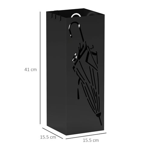 HOMCOM Square Umbrella Holder with Hooks and Water Tray for Entryway Black