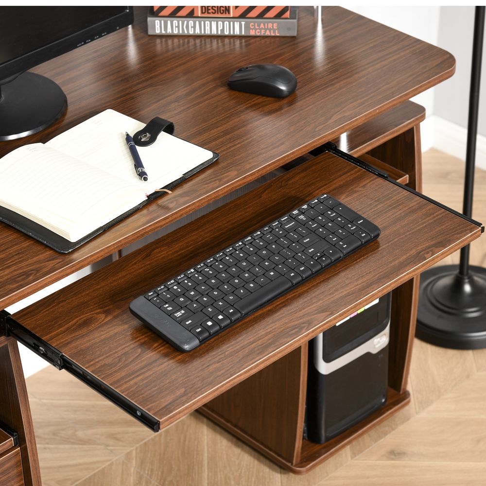 HOMCOM Computer Desk Office PC Table Workstation with Keyboard Tray, CPU Shelf, Drawers, Sliding Scanner Shelf, Brown 120 x 55 cm