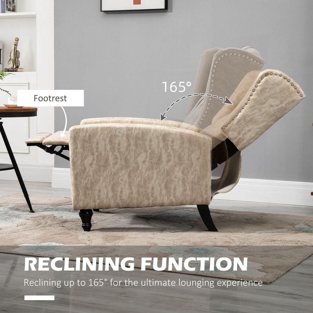 HOMCOM Marble Effect Manual Reclining Armchair w/ Footrest Studs Wood Legs Beige