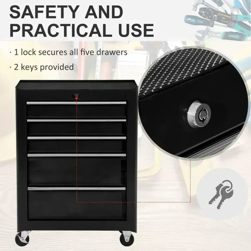 5-Drawer Lockable Steel Tool Storage Cabinet w/ Wheels Handle 2 Keys Black
