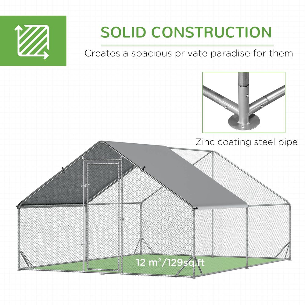 PawHut Chicken Run Galvanised Walk-in Chicken Coop Hen Poultry House Cage Rabbit Hutch Pet Playpen Garden w/Water-Resist Cover, 3 x 4 x 2m