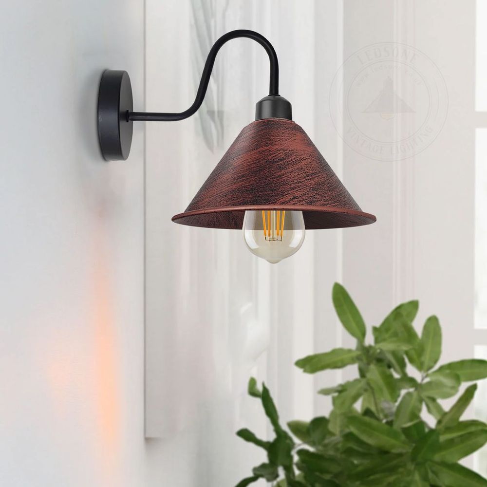 Rustic Red Vintage Wall Light Fixture Black Wall Sconce E27 Base Socket Screw Wall Mounted Swan Neck Cone Shape Shade