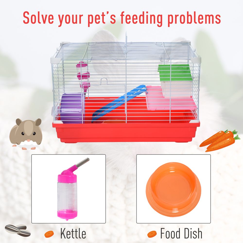 PawHut Portable 2 Storey Hamster Cage Small Pet Animal Cage Double Layers w/Exercise Wheel Water Bottle Dishes
