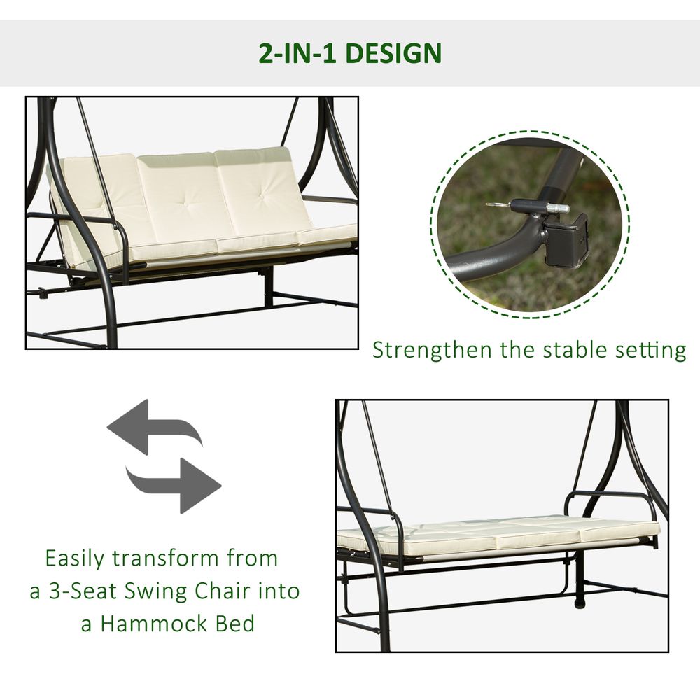 Outdoor Swing Chair - 185L*125D*173H cm - Beige/Black - Metal Frame - Canopy - Cushions - 3 Person Seating - High Load Capacity - Assembly Required