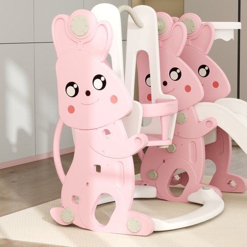 AIYAPLAY 4 in 1 Kids Slide and Swing Set with Climber, Basketball Hoop, Pink