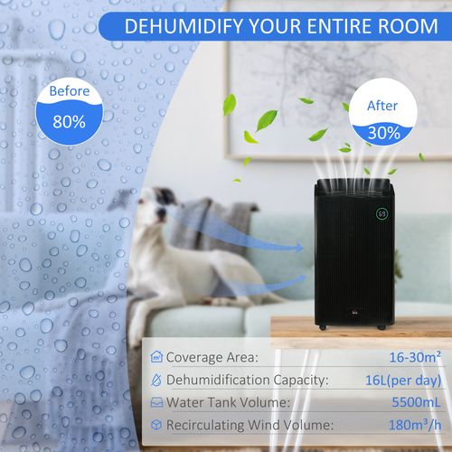 HOMCOM 16L/Day Quiet Air Dehumidifier with Purifier, UVC, Ioniser, Timer