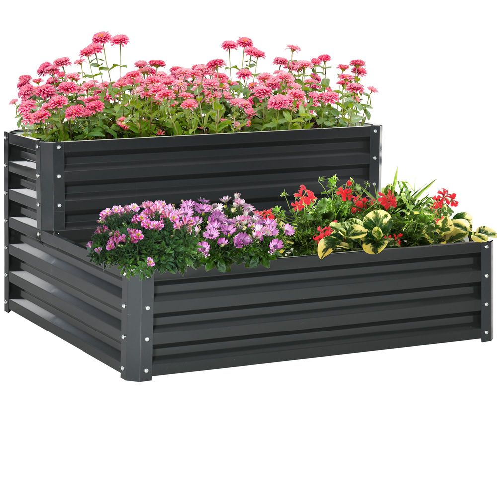 Outsunny Galvanised Raised Garden Bed - 2 Tier, Dark Grey - Open Bottom - High Quality