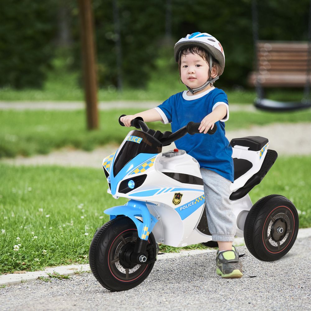 HOMCOM Kids Ride-On Police Bike 3-Wheel Vehicle w/Music Lights Safe Seat Handlebars Toddler NO POWER Child Learning Fun Development 18-36 Months Blue